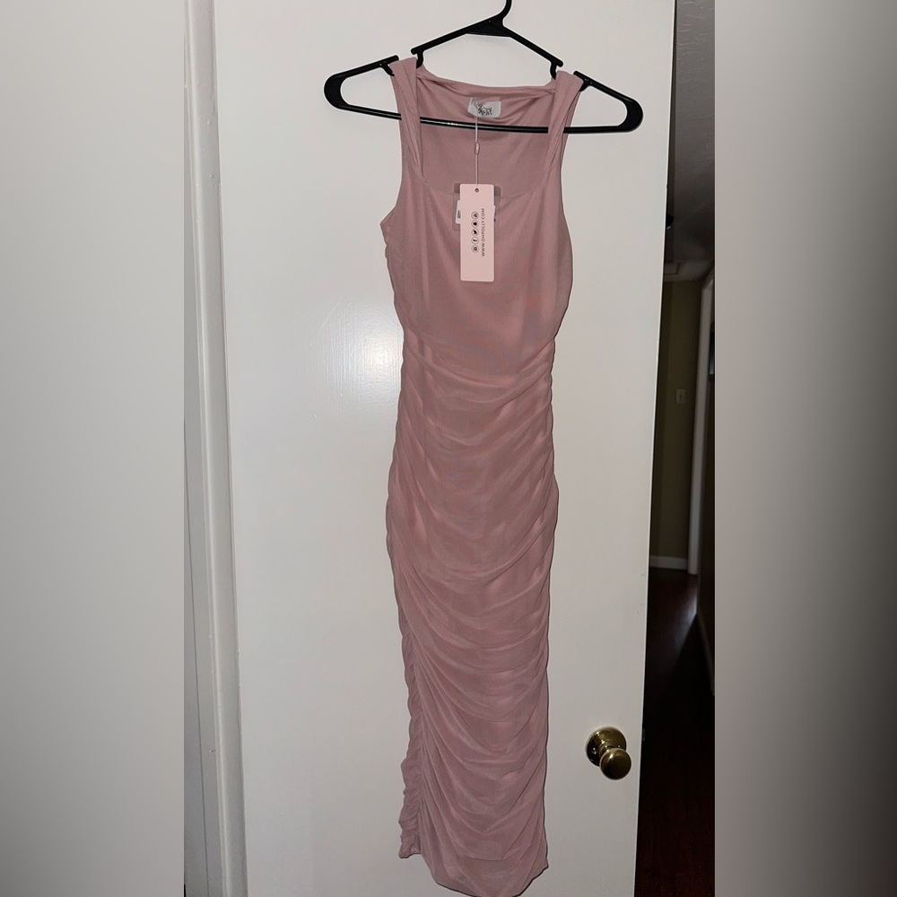 Oh Polly Dusty Pink Ruched Midi Dress